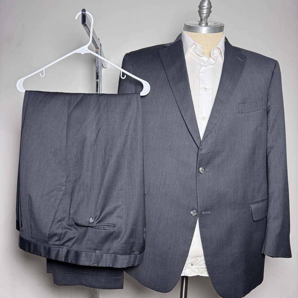 Hart Schaffner Marx Suit Mens 50R 44W Charcoal Grey Pinstripe Wool 2-Button USA